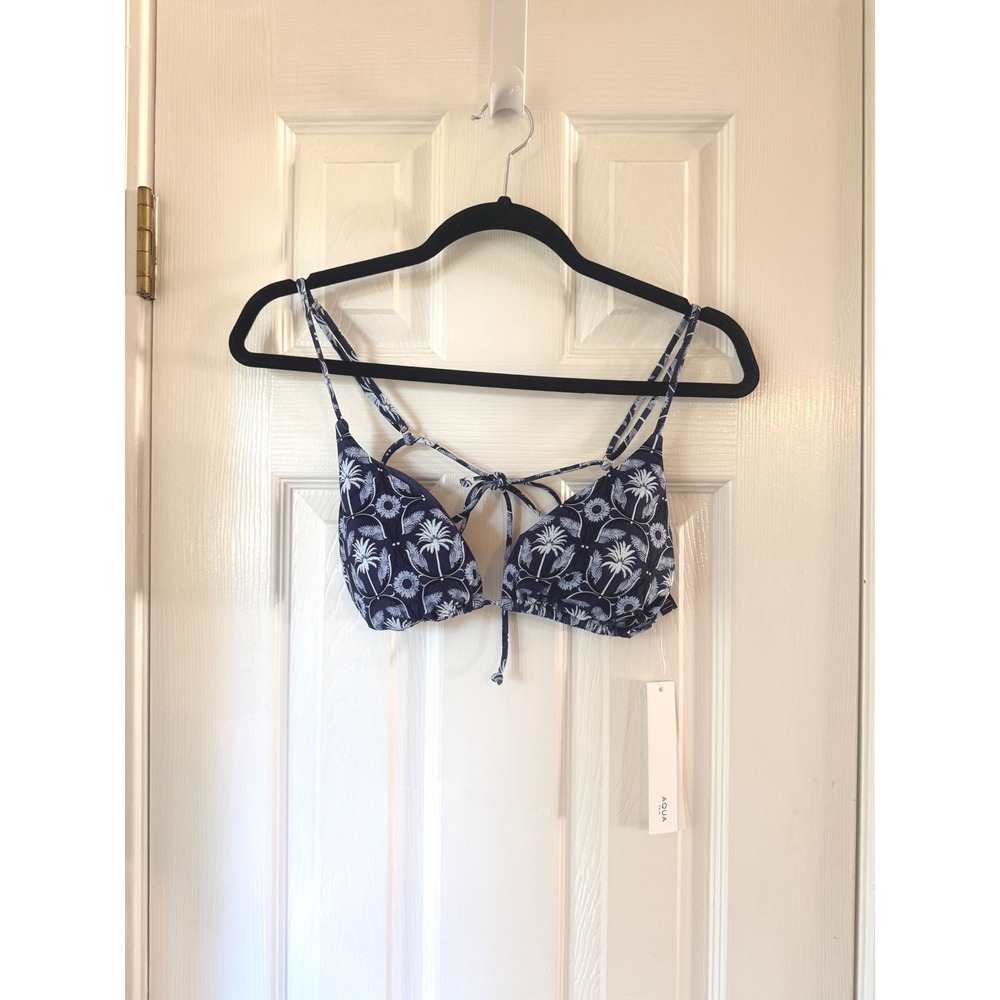 AQUA Navy Sky Blue Tropical Palm Triangle Bikini Top Bloomingdales Large